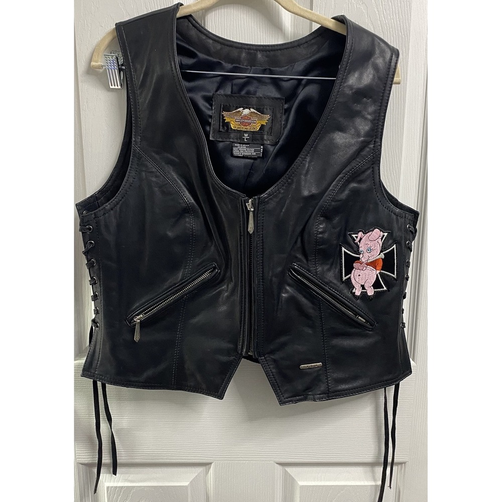 HARLEY DAVIDSON Women's Leather Motorcycle Black Vest Iron Cross/Hog Biker Sz. L